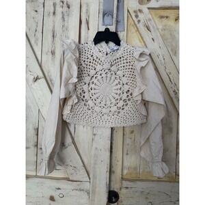 ZARA Crop Top Boho Prairie Crochet Ivory Cream Long Sleeves Size Small